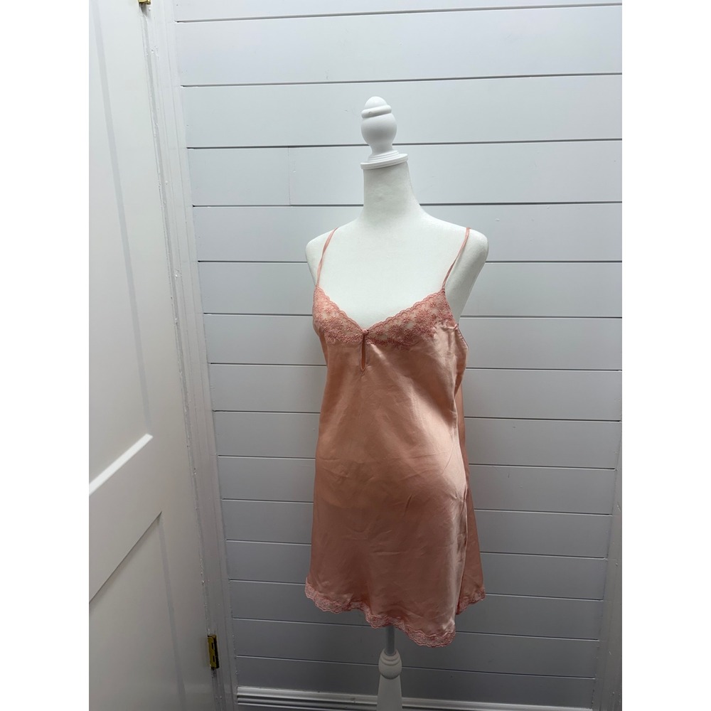Victorias Secret 100% Silk Slip Dress Peach Pink Lace Trim V-Back Medium